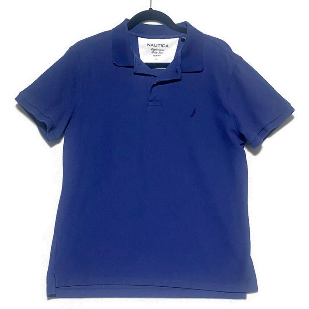 Nautica Performance Blue Deck Shirt Men's Size Large Slim Fit Short Sleeve